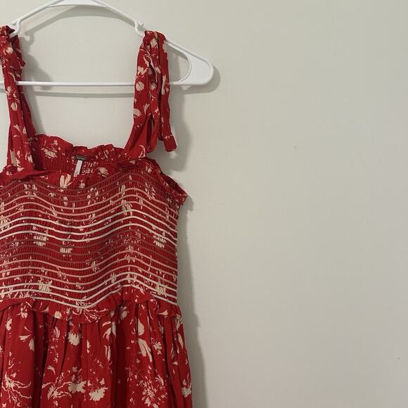 Free People Color My World Wide-leg Jumpsuit XS Smocked Tie Shoulder Red Floral - Picture 2 of 11